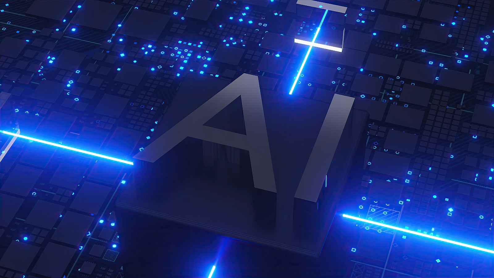 Texto IA com circuitos e luzes representando a evolução da inteligência artificial