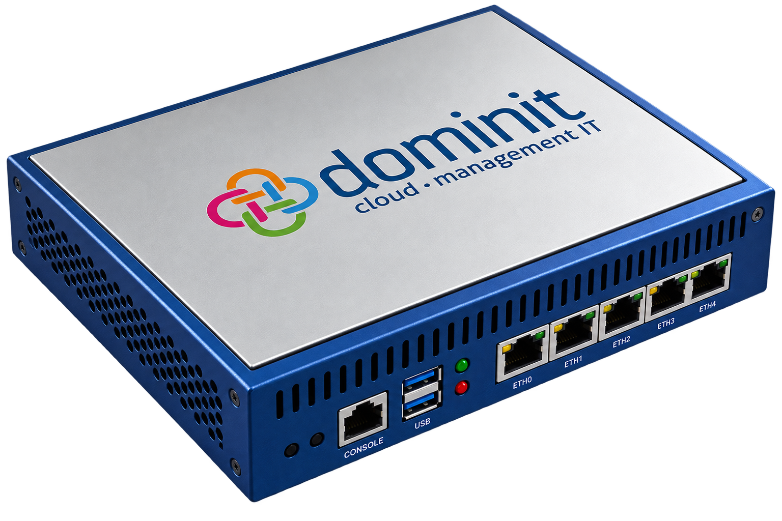 Appliance do Firewall Dominit em fundo transparente: equipamento de segurança de rede com a marca Dominit, portas WAN, LAN, DMZ e OPT, console serial e USB