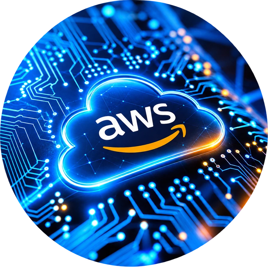 Nuvem com o logotipo da AWS sobre uma placa de circuito iluminada em azul, representando a consultoria AWS da DOMINIT