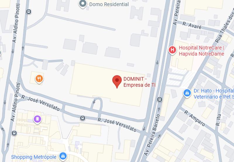 Mapa com zoom mostrando a localização da Dominit em São Bernardo do Campo, ao lado do Shopping Metrópole