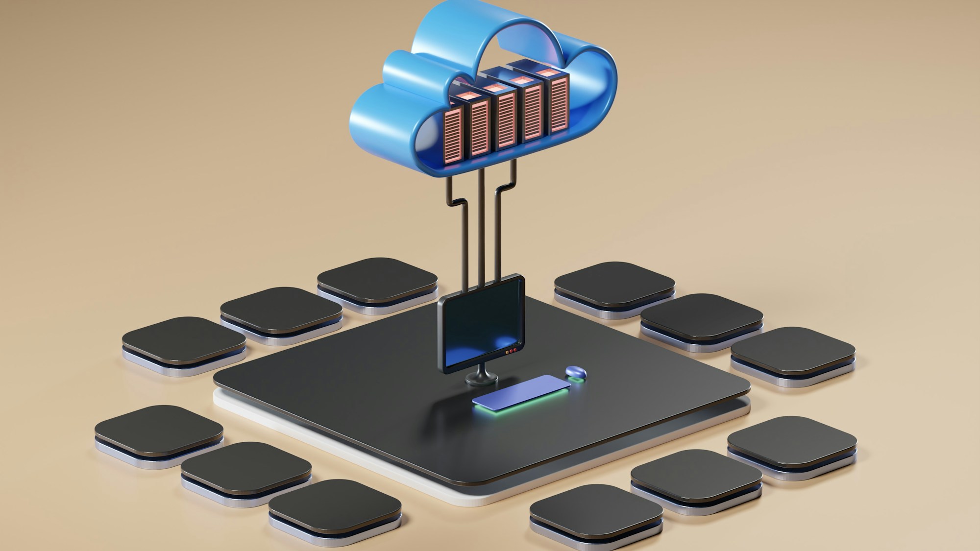 Renderização 3D de computação em nuvem representando a camada de governança do AWS Lake Formation sobre o data lake