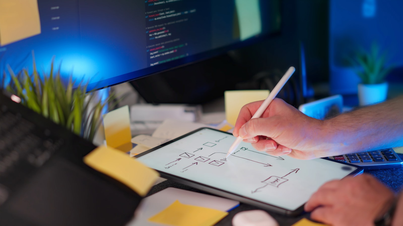 Profissional desenhando um diagrama de arquitetura em um tablet, representando a decisão entre ECS e EKS