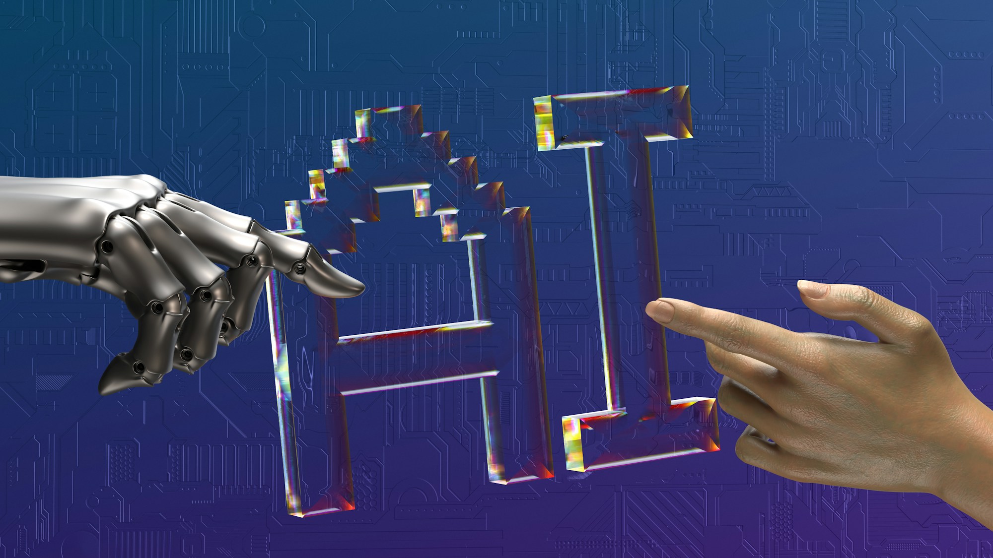 Mão robótica e mão humana se conectando, representando o treinamento supervisionado de modelos de IA com dado próprio Mão robótica e mão humana se conectando, representando o treinamento supervisionado de modelos de IA com dado próprio